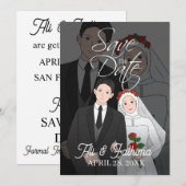 Moderne geïllustreerde huwelijksuitnodiging voor e save the date (Voorkant / Achterkant)
