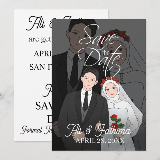 Moderne geïllustreerde huwelijksuitnodiging voor e save the date (Voorkant / Achterkant)