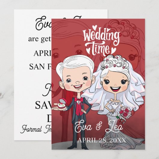 Moderne geïllustreerde huwelijksuitnodiging voor e save the date (Voorkant / Achterkant)