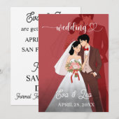 Moderne geïllustreerde huwelijksuitnodiging voor e save the date (Voorkant / Achterkant)