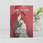 Moderne geïllustreerde trouwuitnodiging voor koppe save the date (Staand voorkant)