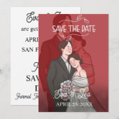 Moderne geïllustreerde trouwuitnodiging voor koppe save the date (Voorkant / Achterkant)