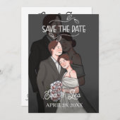 Moderne geïllustreerde trouwuitnodiging voor koppe save the date (Voorkant / Achterkant)