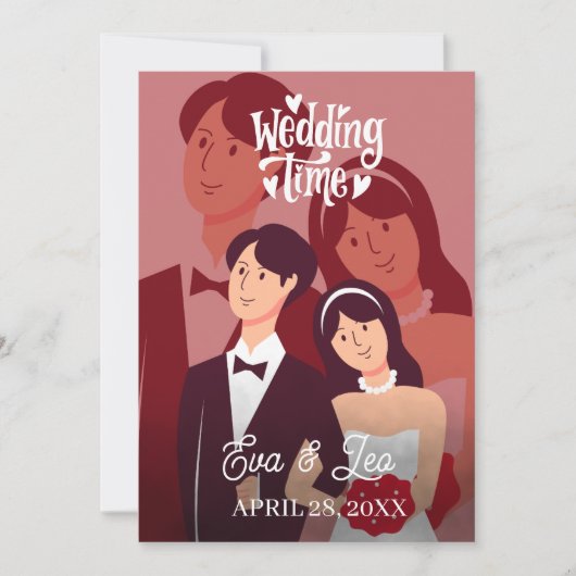 Moderne geïllustreerde trouwuitnodiging voor koppe save the date (Voorkant)