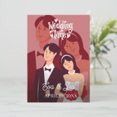 Moderne geïllustreerde trouwuitnodiging voor koppe save the date (Staand voorkant)