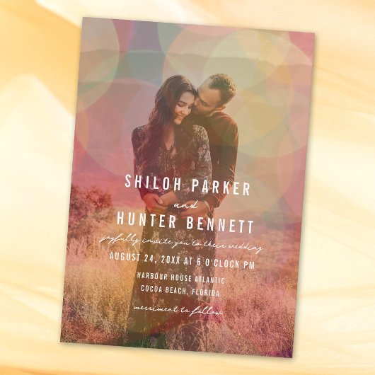 Moderne gekleurde Bokeh overlay foto bruiloft Kaart