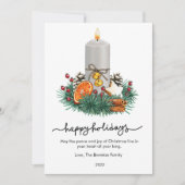 Moderne gekruide sinaasappel en kaars platbodemsch feestdagenkaart (Voorkant)