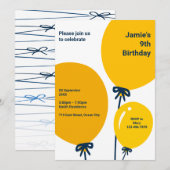 Moderne gele ballon 9e verjaardags uitnodigingskaa kaart (Voorkant / Achterkant)