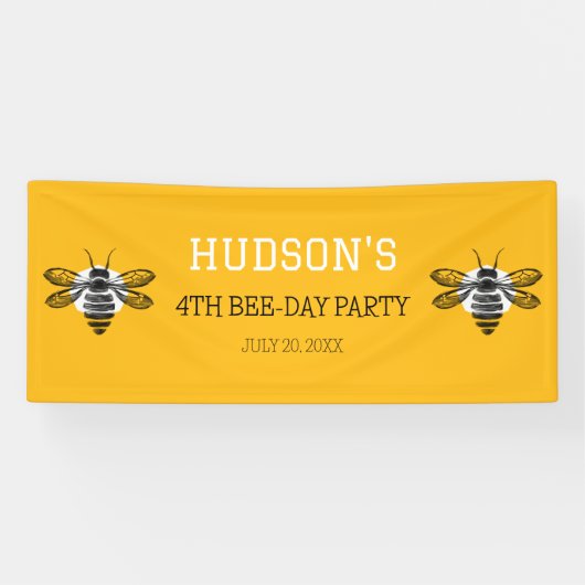 Moderne gele bij dag 4e vierde verjaardag feest spandoek (Horizontaal)