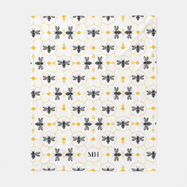 Moderne Gele Bij Patroon Elegante Zwarte Monogram Fleece Deken
