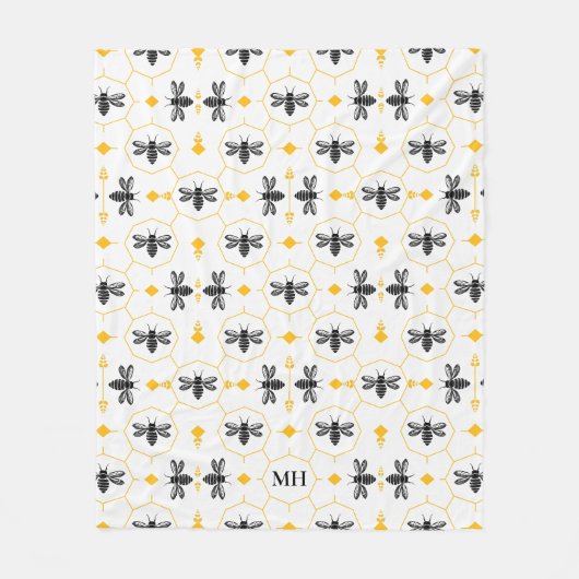 Moderne Gele Bij Patroon Elegante Zwarte Monogram Fleece Deken (Voorkant)