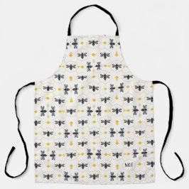 Moderne Gele Bij Patroon Elegante Zwarte Monogram Schort