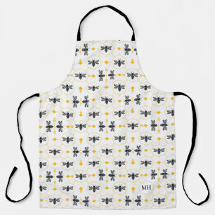 Moderne Gele Bij Patroon Elegante Zwarte Monogram Schort