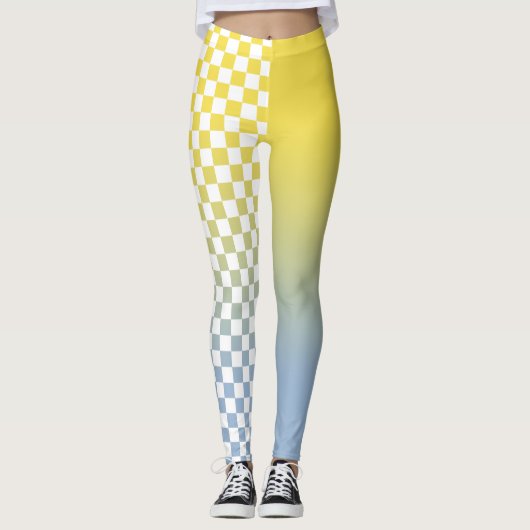 Moderne gele blauwe gradiënt en geruite patroon leggings (Voorkant)