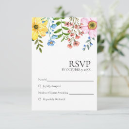 Moderne Gele Blauwe Roze Lente Bloemige Bruiloft RSVP Kaartje