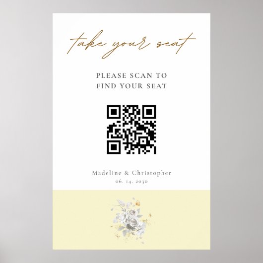 Moderne Gele Bloemen QR Code Trouwstoel Grafiek Poster (Voorkant)