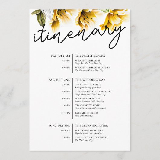 Moderne Gele Bloemen Wedding Weekend Route Programmakaart (Achterkant)