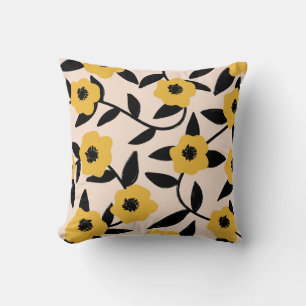 Moderne gele bloemen zwart blad patroon kussen