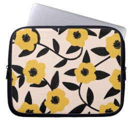 Moderne gele bloemen zwart blad patroon laptop sleeve