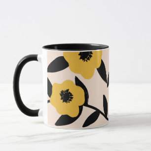 Moderne gele bloemen zwart blad patroon mok