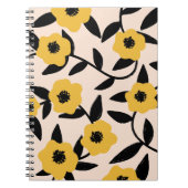 Moderne gele bloemen zwart blad patroon notitieboek (Voorkant)