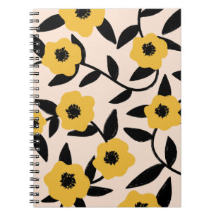 Moderne gele bloemen zwart blad patroon notitieboek