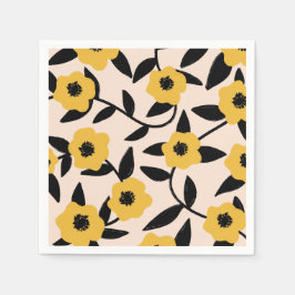 Moderne gele bloemen zwart blad patroon servet