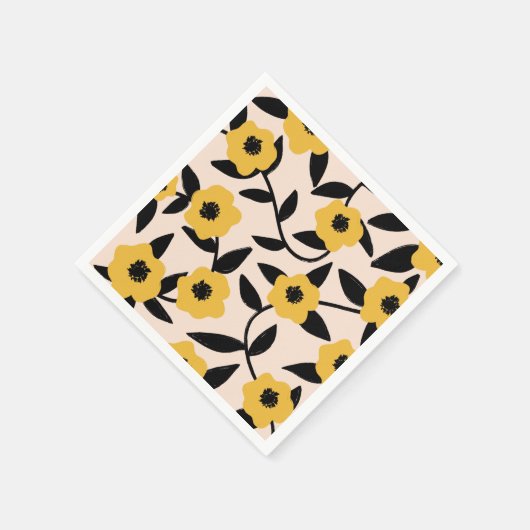 Moderne gele bloemen zwart blad patroon servet (Hoek)