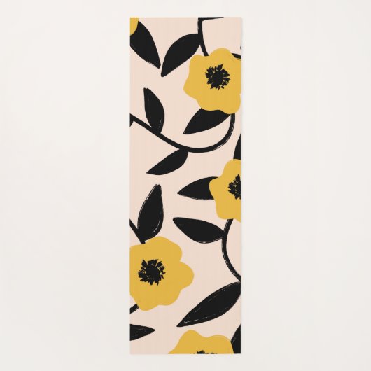 Moderne gele bloemen zwart blad patroon yogamat (Achterkant)