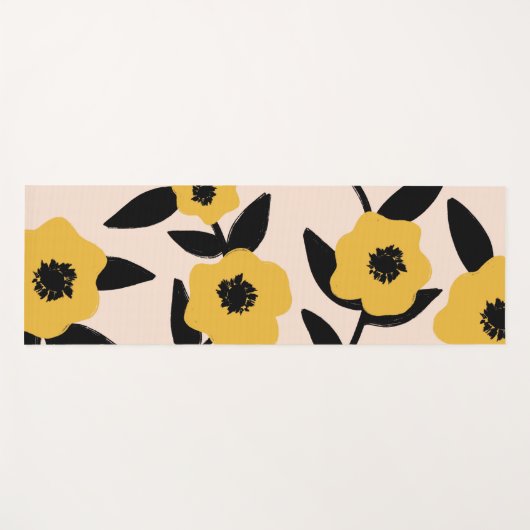 Moderne gele bloemen zwart blad patroon yogamat (Voorkant (horizontaal))