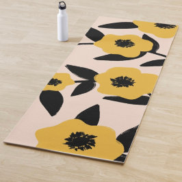 Moderne gele bloemen zwart blad patroon yogamat