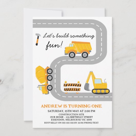 Moderne Gele Bouw Fun 1e Verjaardag Kaart (Voorkant)