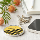 Moderne gele Buffalo Plaid geruite patroon naam Sleutelhanger (Zijkant)