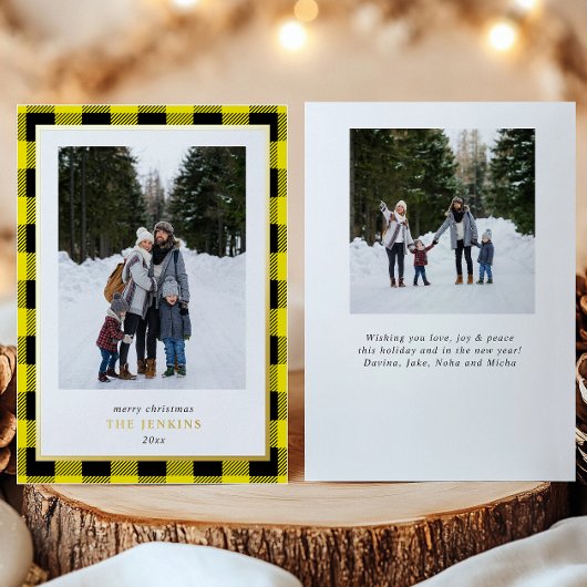 Moderne gele buffel speelde twee kerstfoto's folie feestdagenkaart