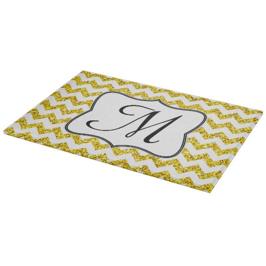 Moderne Gele Chevron Monogram Glas Snijplank (Hoek)