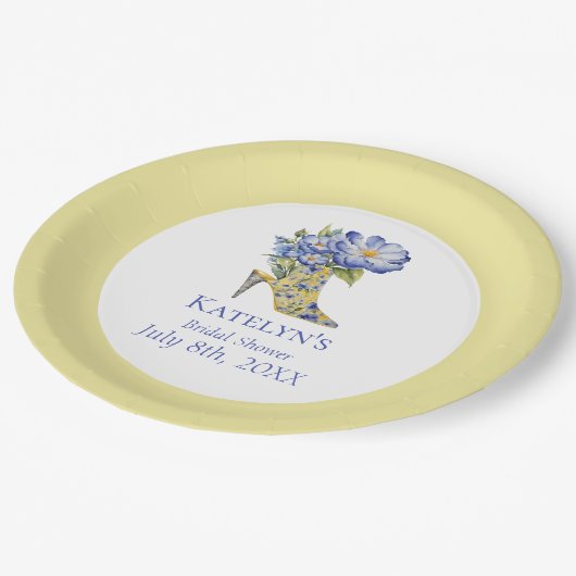 Moderne Gele Chinoiserie High-Heel Schoen Papieren Bordje (Gekanteld)