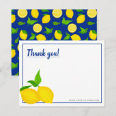 Moderne Gele Citroen Citroenen op Blauw Bedankkaart (Voorkant / Achterkant)