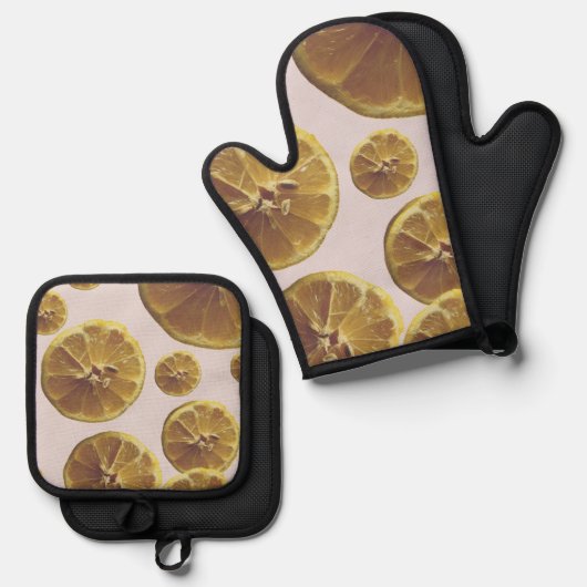 Moderne gele citroen verse fruitcirkel plak stippe ovenwant & pannenlap set (Voorkant / Achterkant)