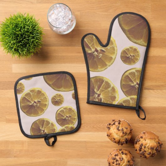 Moderne gele citroen verse fruitcirkel plak stippe ovenwant & pannenlap set (Top down)