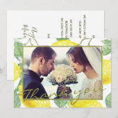 Moderne Gele Citroenen & Groene Bladeren Trouwfoto Bedankkaart (Voorkant / Achterkant)