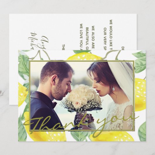 Moderne Gele Citroenen & Groene Bladeren Trouwfoto Bedankkaart (Voorkant / Achterkant)