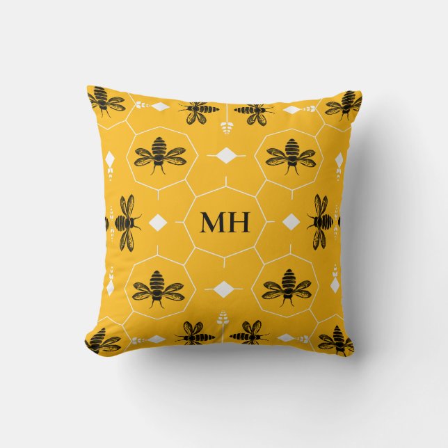 Moderne Gele Elegante Zwarte Bij Patroon Monogram Kussen (Voorkant)