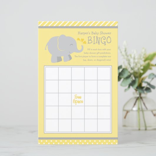 Moderne Gele en grijze Baby shower Bingo (Staand voorkant)