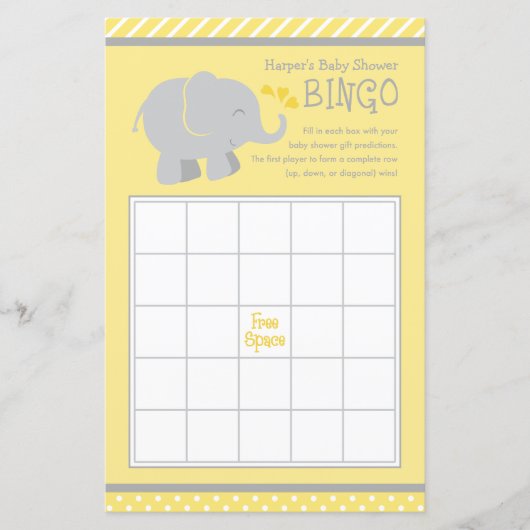Moderne Gele en grijze Baby shower Bingo (Voorkant)
