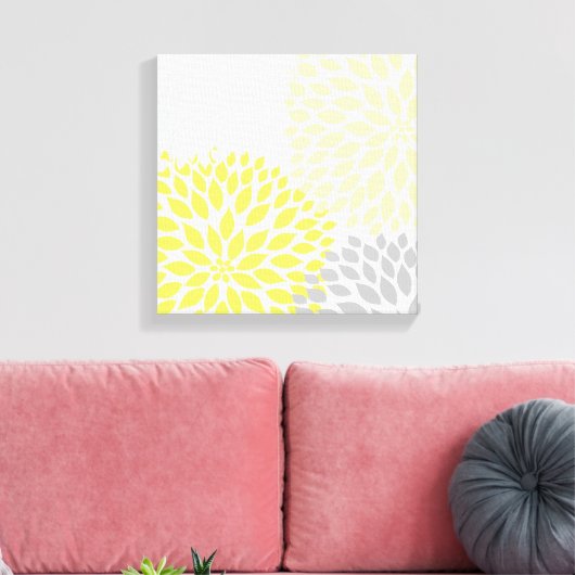Moderne Gele en Grijze Dahlia Vierkante Muur Kunst Canvas Afdruk (Insitu (Woonkamer))