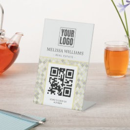 Moderne gele en grijze geometrische QR-codevoetstu Reclamebord Met Voetstuk