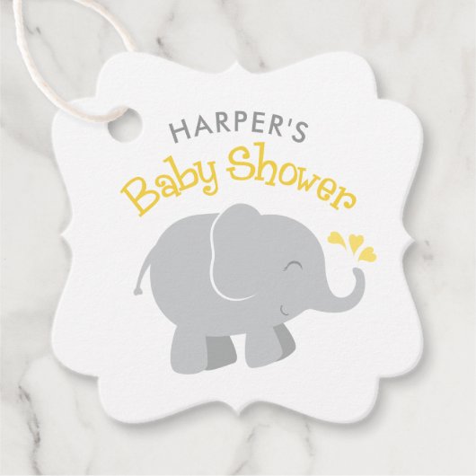 Moderne gele en grijze olifant Baby shower Bedankjes Labels (Voorkant)