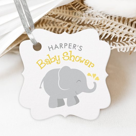 Moderne gele en grijze olifant Baby shower Bedankjes Labels