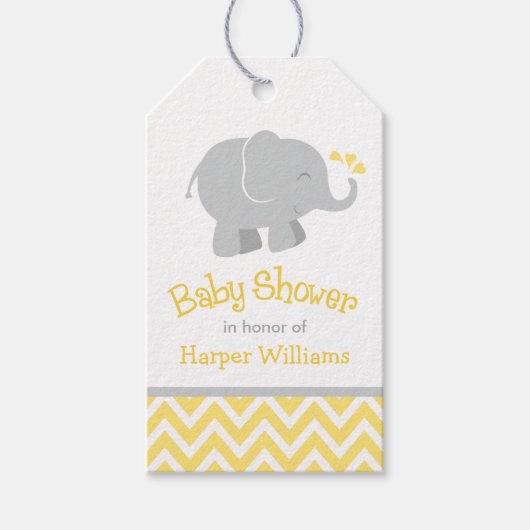 Moderne gele en grijze olifant Baby shower Cadeaulabel (Voorkant)
