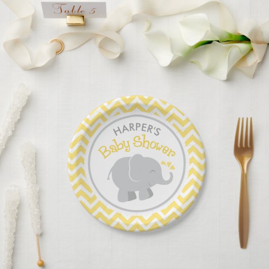 Moderne gele en grijze olifant Baby shower Papieren Bordje (Huwelijk)